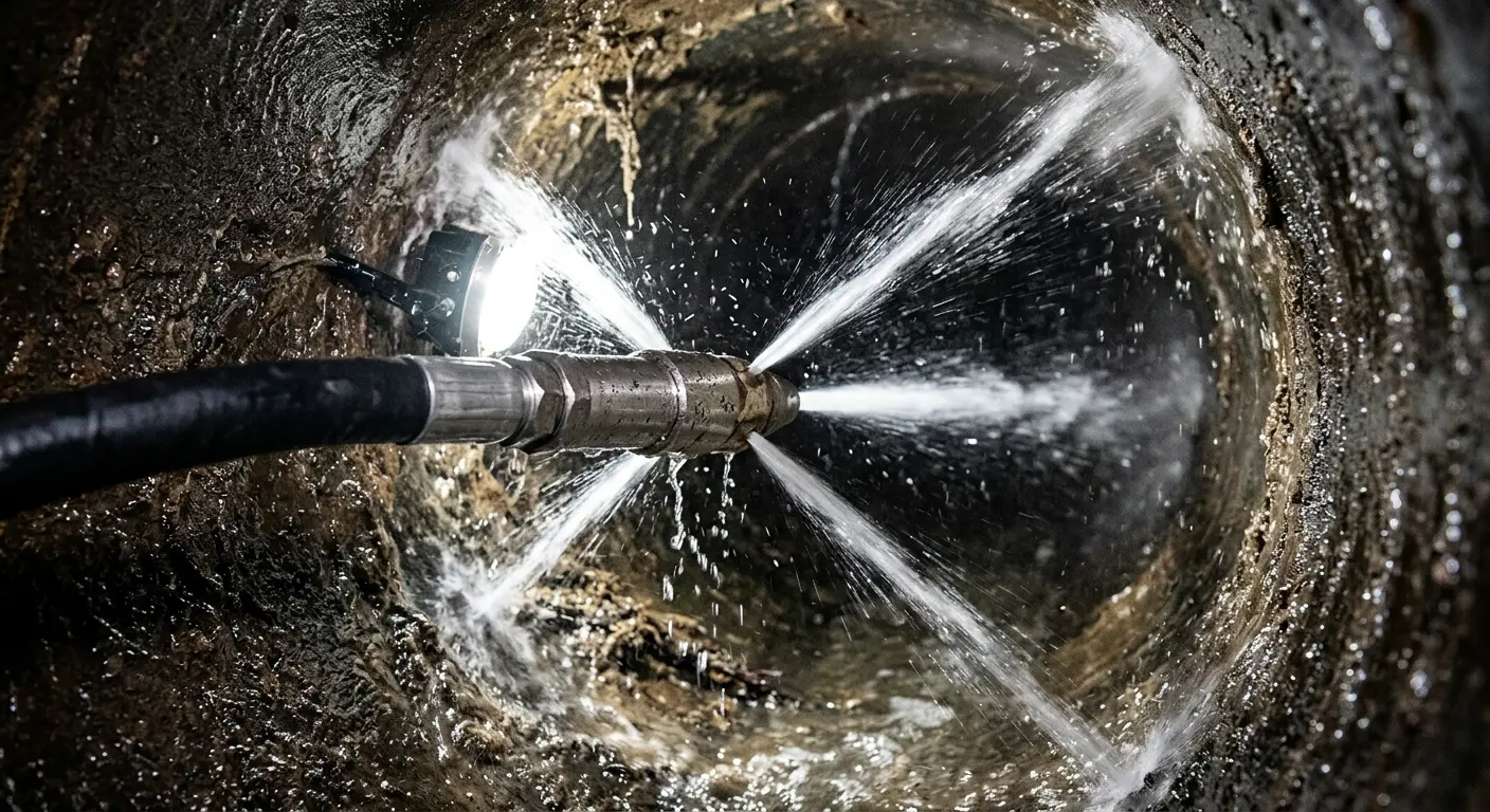 High-pressure hydro jetting nozzle cleaning sewer pipe for Emergency Drain Service in Kings Park West