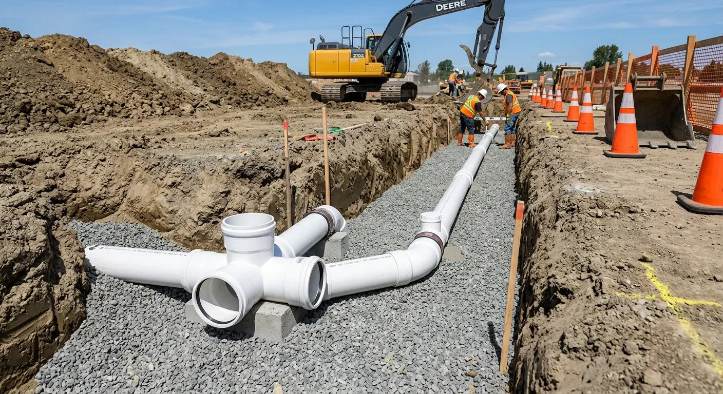 New PVC sewer pipe installation in open trench for Sewer Backup in Kings Park West