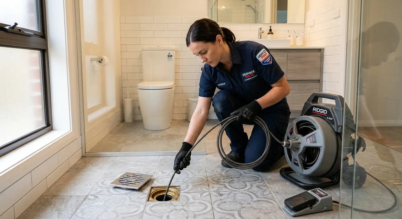 Technician clearing a bathroom floor drain for Drain Cleaning in Kings Park West